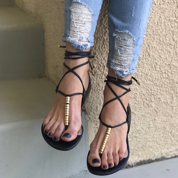 Black Gladiator Lace Up Gold Hardware Flat Sandals - Picture 1 of 7